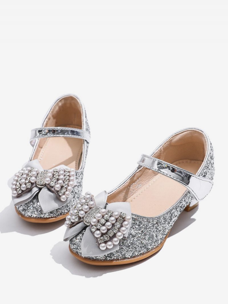 Blumenmädchen-schuhe Hellhimmelblau Mit Pailletten Stoff Und Perlen Partyschuhe Für Kinder - Silber