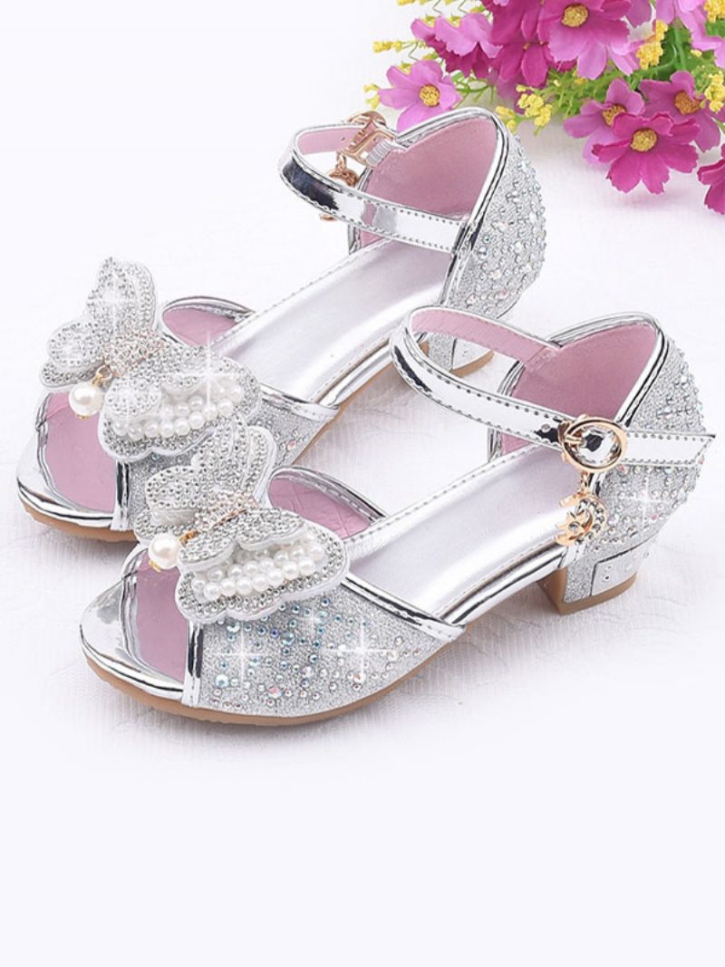 Blumenmädchen-schuhe Strasssteine Schmetterlings-mary-jane-sandalen Mit Niedrigem Absatz - Silber