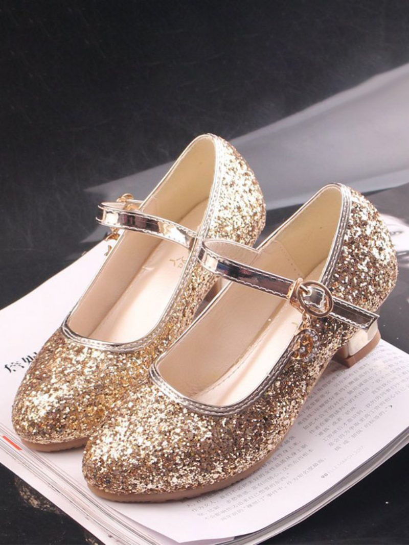 Blumenmädchenschuhe Gold Pailletten Stoff Strass Partyschuhe Für Kinder