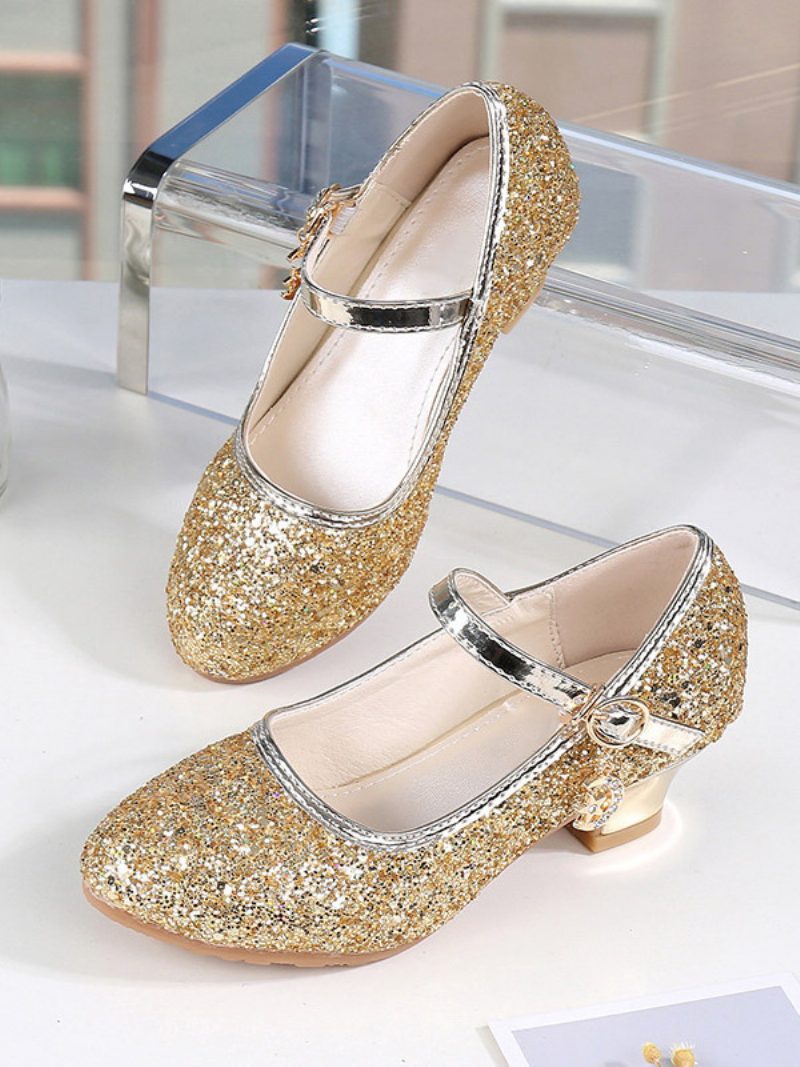 Blumenmädchenschuhe Gold Pailletten Stoff Strass Partyschuhe Für Kinder - Gold