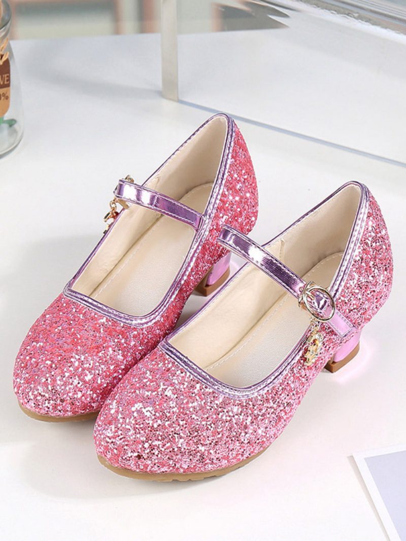 Blumenmädchenschuhe Gold Pailletten Stoff Strass Partyschuhe Für Kinder - Rosa