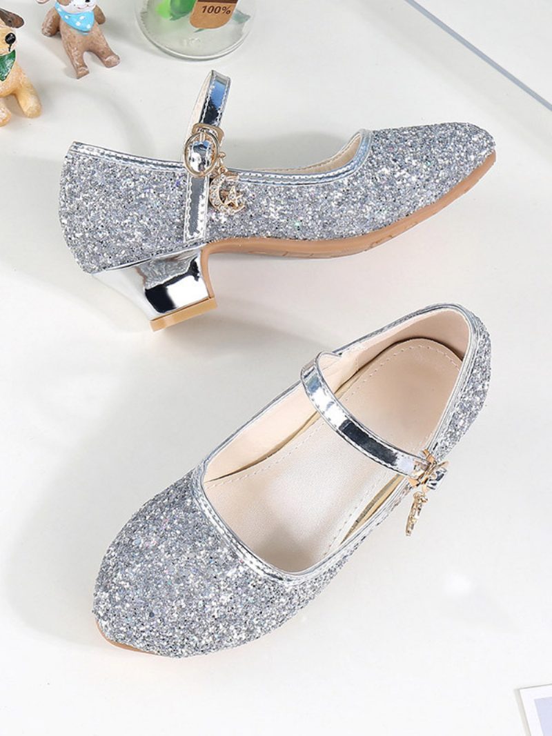 Blumenmädchenschuhe Gold Pailletten Stoff Strass Partyschuhe Für Kinder - Silber