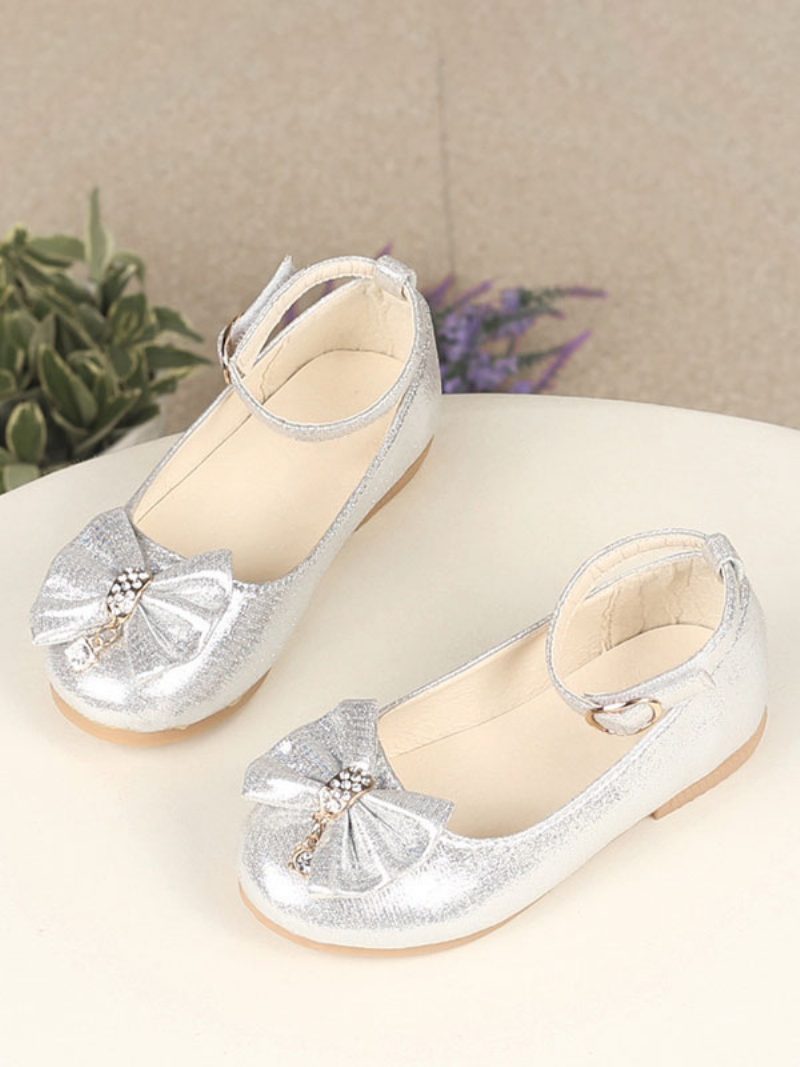 Blumenmädchenschuhe Gold Pailletten Stoff Strass Partyschuhe Für Kinder - Silber