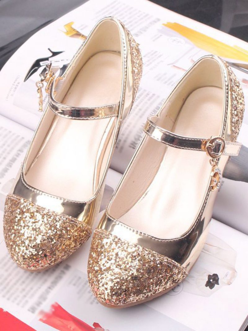 Blumenmädchenschuhe Gold Pailletten Stoff Strass Partyschuhe Für Kinder - Gold