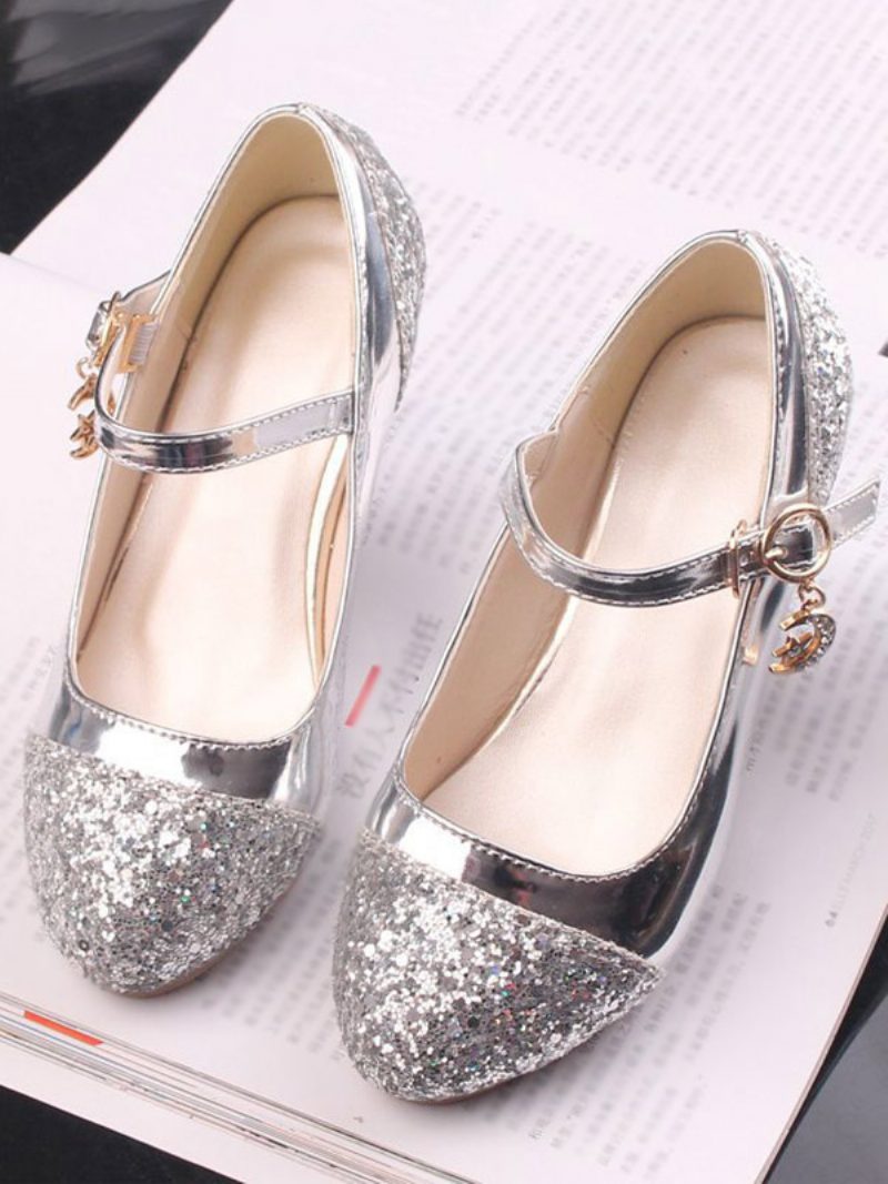 Blumenmädchenschuhe Gold Pailletten Stoff Strass Partyschuhe Für Kinder - Silber