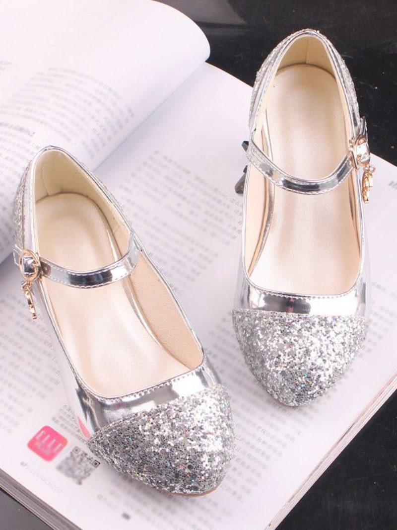 Blumenmädchenschuhe Gold Pailletten Stoff Strass Partyschuhe Für Kinder - Silber