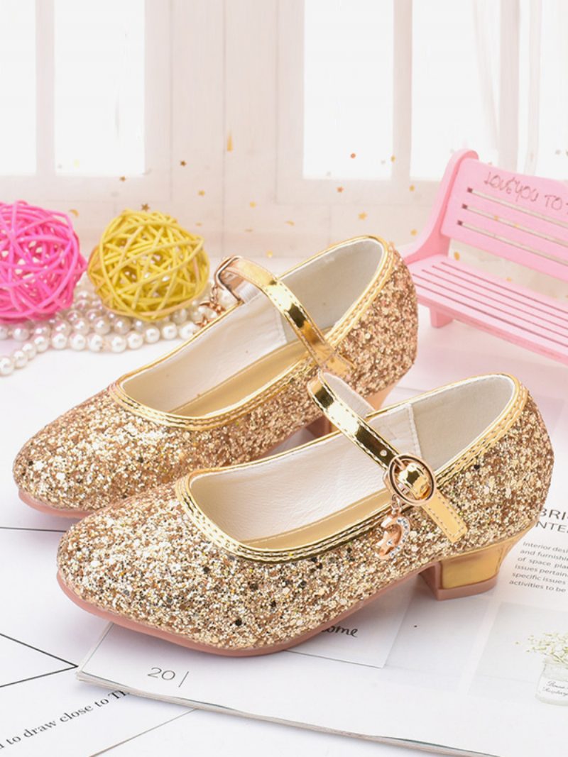 Blumenmädchenschuhe Gold Pailletten Stoff Strass Partyschuhe Für Kinder - Gold