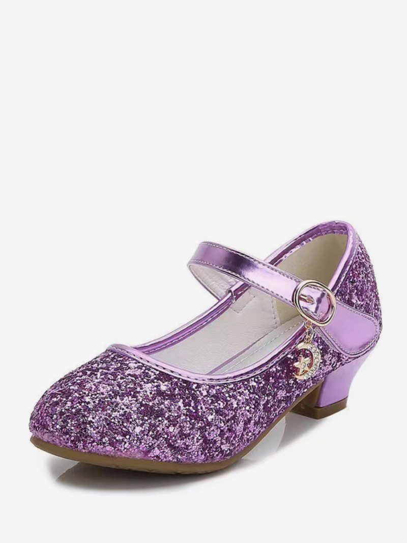 Blumenmädchenschuhe Gold Pailletten Stoff Strass Partyschuhe Für Kinder - Flieder