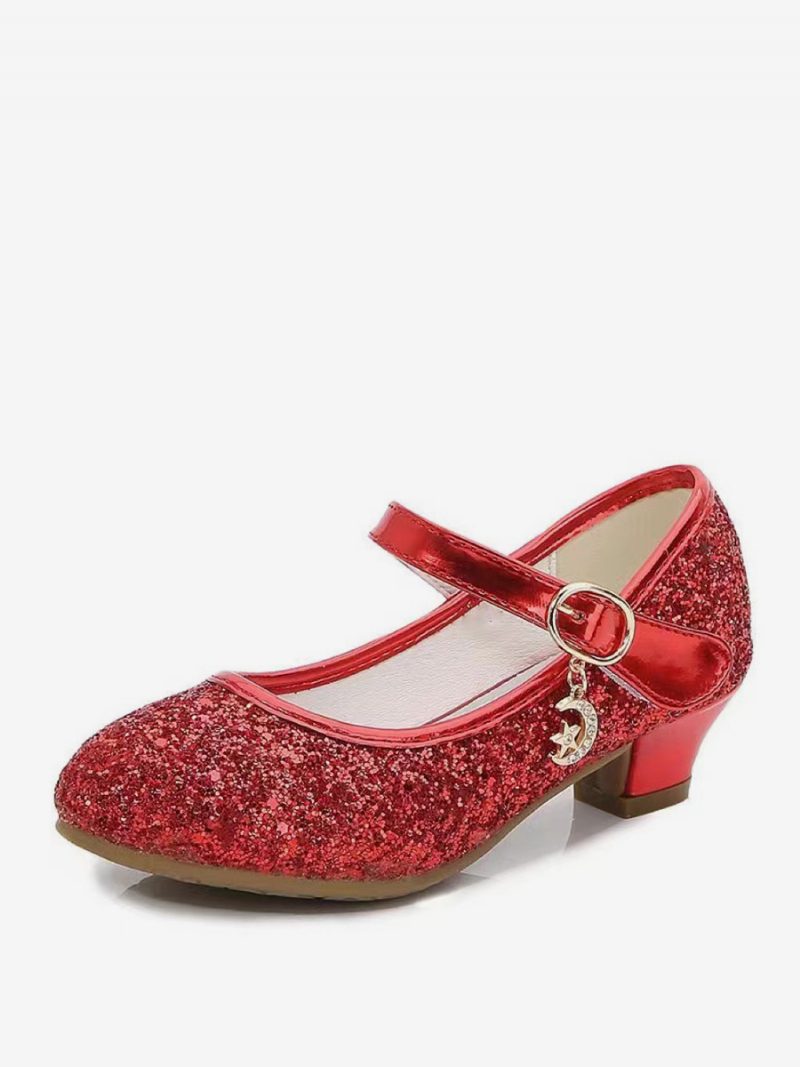 Blumenmädchenschuhe Gold Pailletten Stoff Strass Partyschuhe Für Kinder - Rot