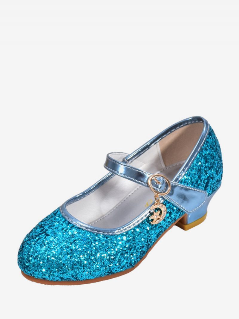 Blumenmädchenschuhe Gold Pailletten Stoff Strass Partyschuhe Für Kinder - Helles Himmelblau