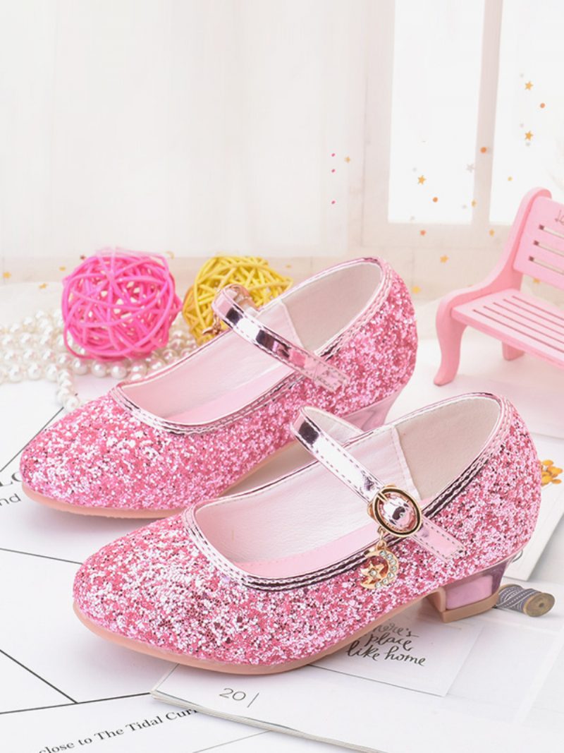 Blumenmädchenschuhe Gold Pailletten Stoff Strass Partyschuhe Für Kinder - Rosa