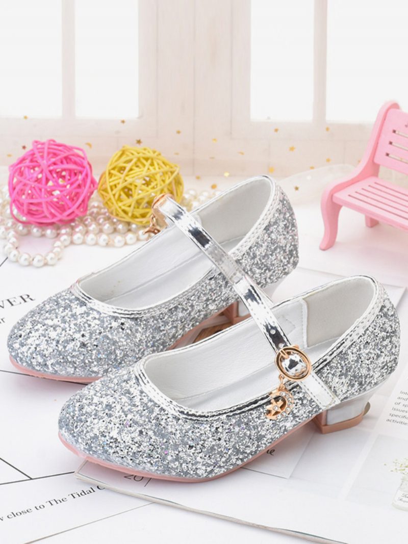 Blumenmädchenschuhe Gold Pailletten Stoff Strass Partyschuhe Für Kinder - Silber