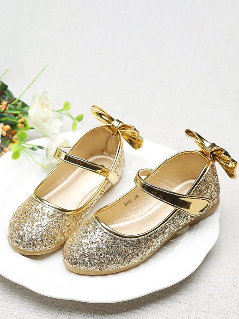 Blumenmädchenschuhe Gold Pailletten Stoffschleifen Partyschuhe Für Kinder