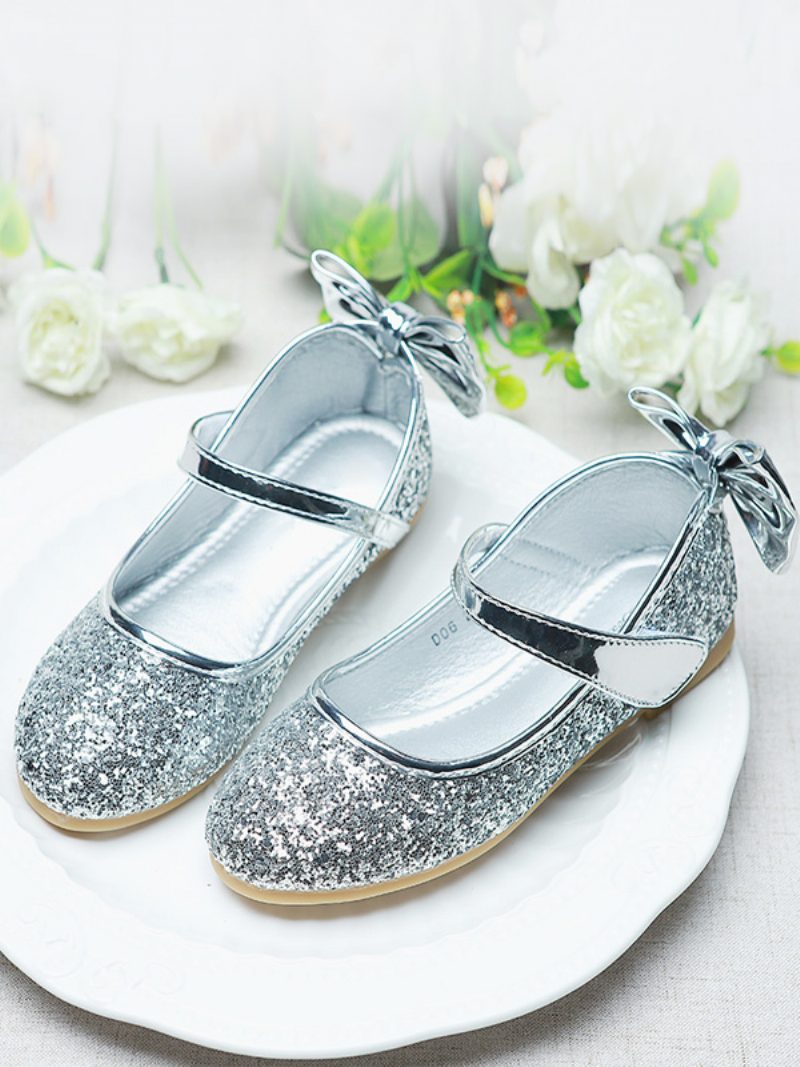 Blumenmädchenschuhe Gold Pailletten Stoffschleifen Partyschuhe Für Kinder - Silber