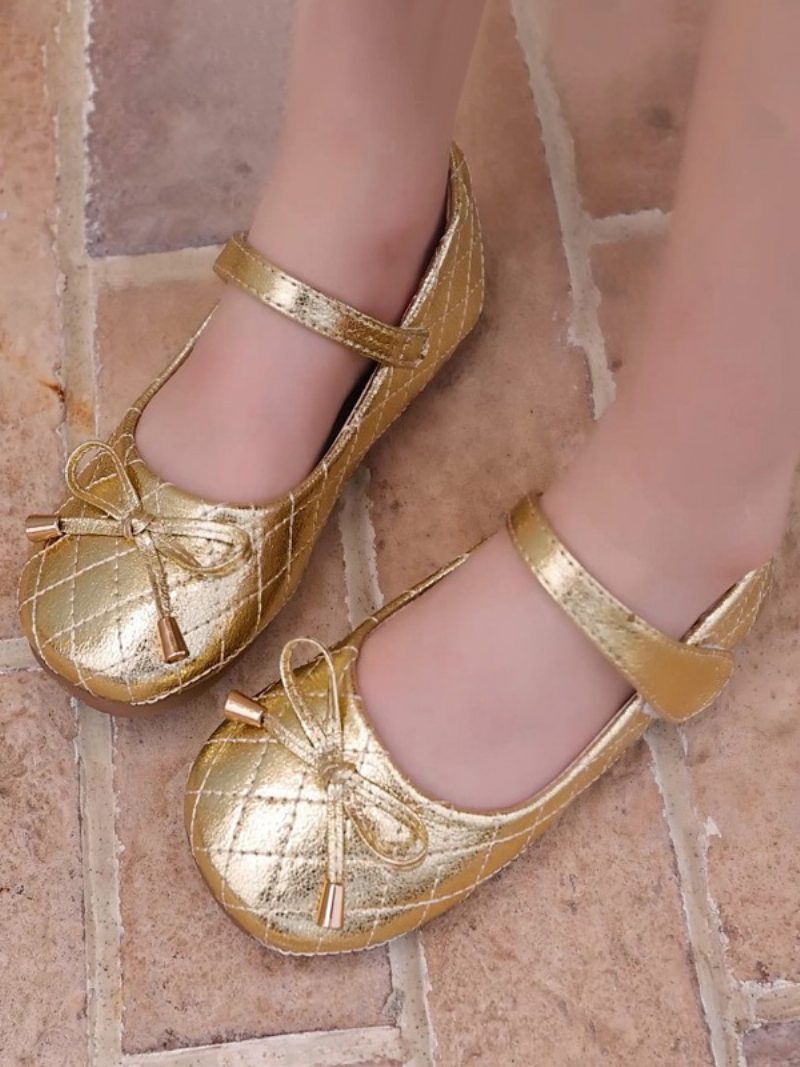 Blumenmädchenschuhe Gold Pu Leder Schleifen Partyschuhe Für Kinder