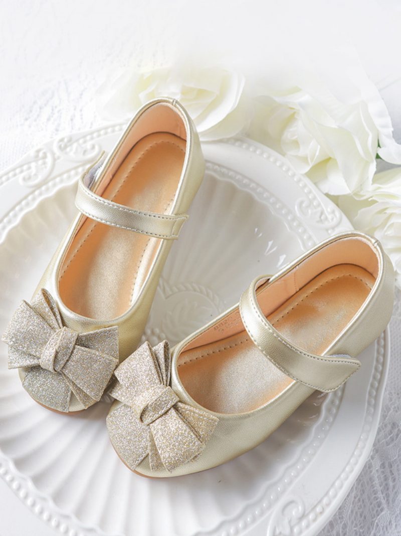 Blumenmädchenschuhe Gold Pu Leder Schleifen Partyschuhe Für Kinder