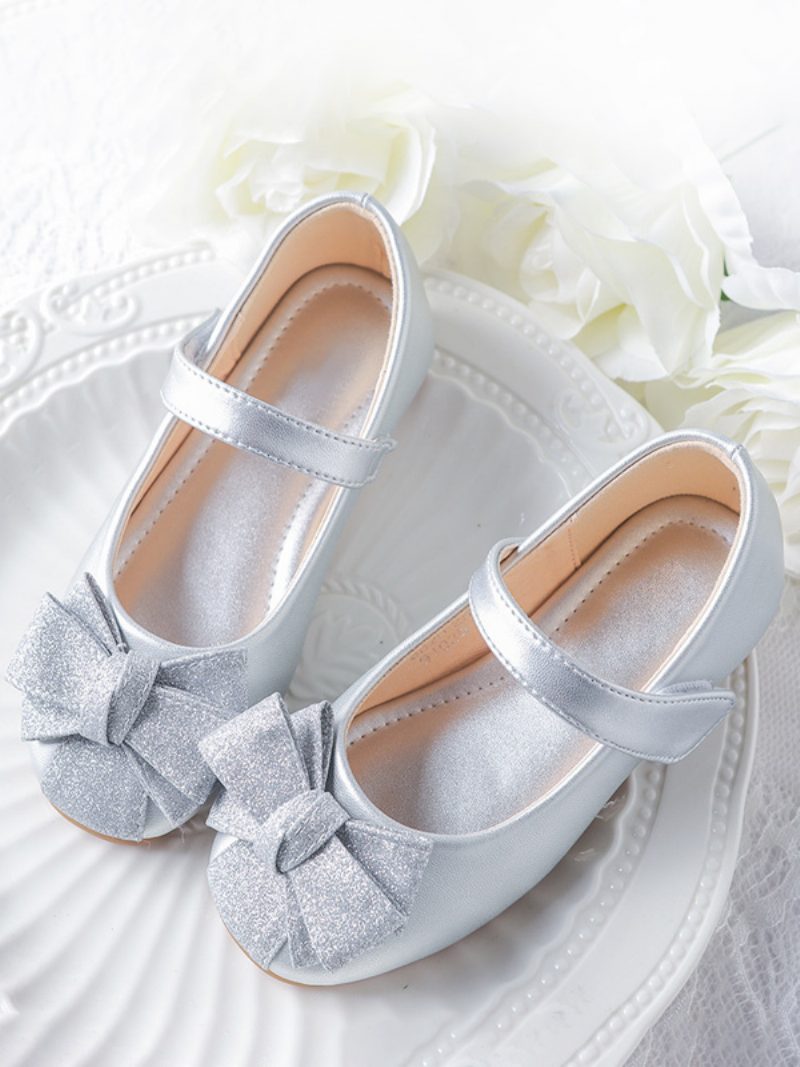 Blumenmädchenschuhe Gold Pu Leder Schleifen Partyschuhe Für Kinder - Silber