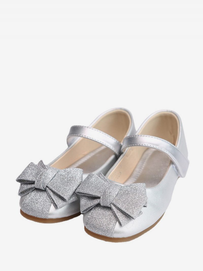 Blumenmädchenschuhe Gold Pu Leder Schleifen Partyschuhe Für Kinder - Silber