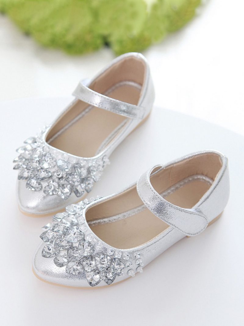 Blumenmädchenschuhe Rosa Pailletten Stoff Strasssteine Partyschuhe Für Kinder - Silber