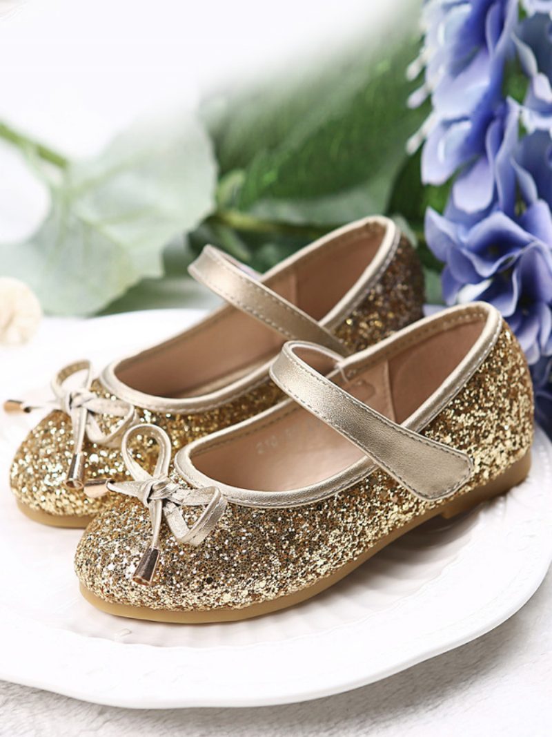 Blumenmädchenschuhe Rosa Pailletten-stoffschleifen Partyschuhe Für Kinder - Gold