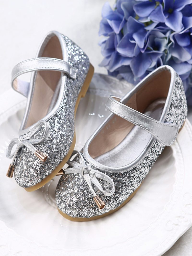 Blumenmädchenschuhe Rosa Pailletten-stoffschleifen Partyschuhe Für Kinder - Silber