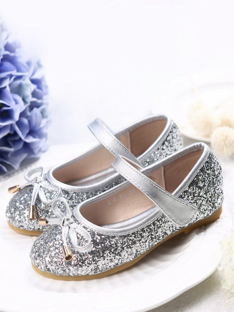 Blumenmädchenschuhe Rosa Pailletten-stoffschleifen Partyschuhe Für Kinder - Silber