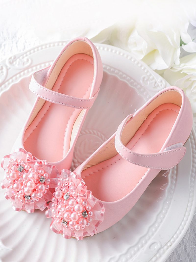 Blumenmädchenschuhe Rosa Pu-leder Perlen Partyschuhe Für Kinder - Rosa