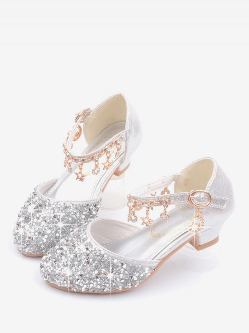 Blumenmädchenschuhe Silber Pailletten Stoff Strass Partyschuhe Für Kinder