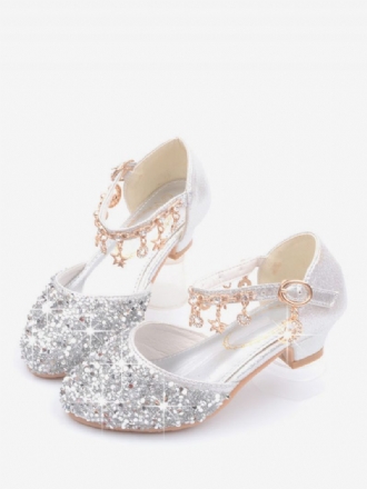 Blumenmädchenschuhe Silber Pailletten Stoff Strass Partyschuhe Für Kinder