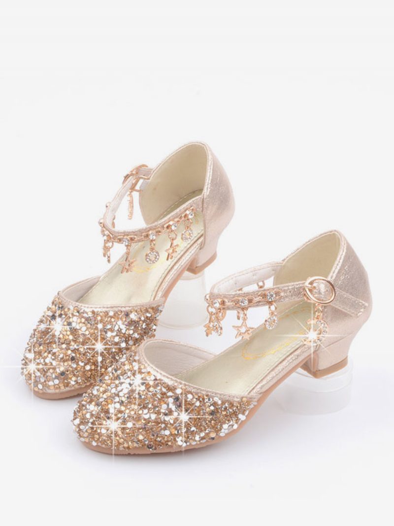 Blumenmädchenschuhe Silber Pailletten Stoff Strass Partyschuhe Für Kinder - Gold