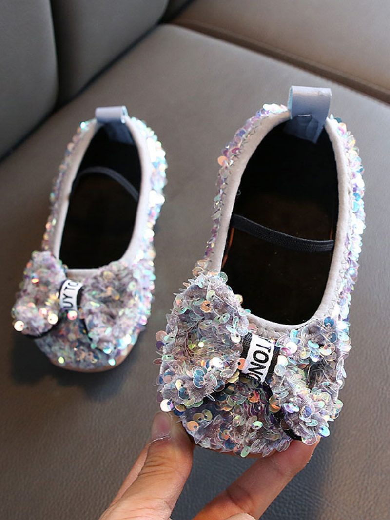 Blumenmädchenschuhe Silber Pailletten Stoffschleifen Partyschuhe Für Kinder