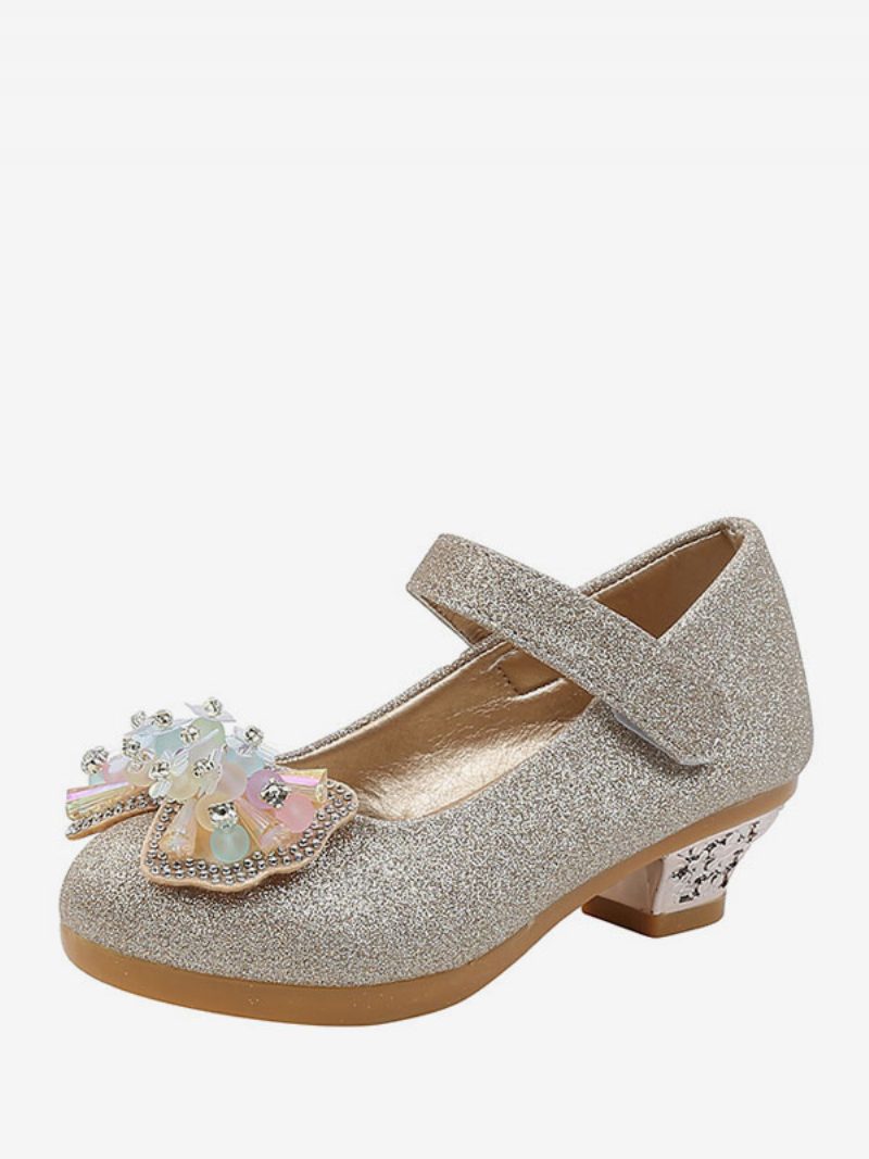 Blumenmädchenschuhe Silber Pailletten Stoffschleifen Partyschuhe Für Kinder - Gold