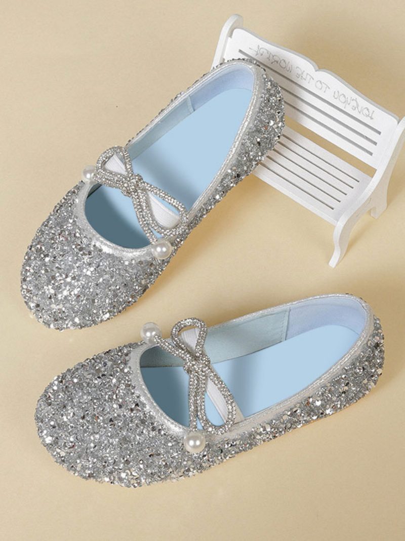 Blumenmädchenschuhe Silber Pailletten Stoffschleifen Partyschuhe Für Kinder