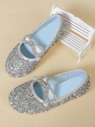 Blumenmädchenschuhe Silber Pailletten Stoffschleifen Partyschuhe Für Kinder