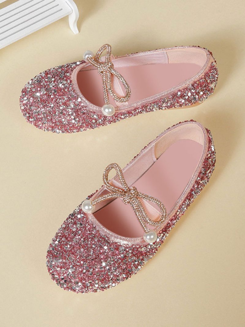 Blumenmädchenschuhe Silber Pailletten Stoffschleifen Partyschuhe Für Kinder - Rosa