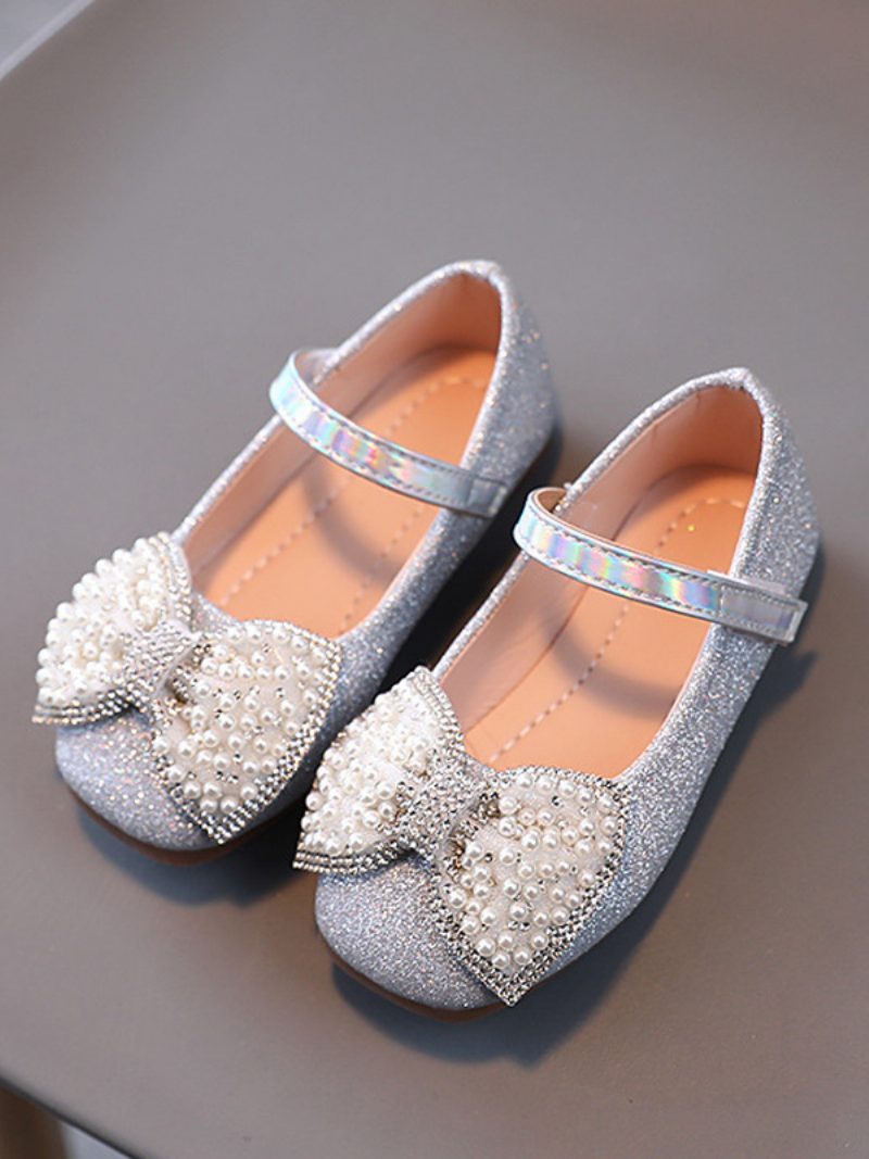 Blumenmädchenschuhe Silber Pailletten Stoffschleifen Partyschuhe Für Kinder