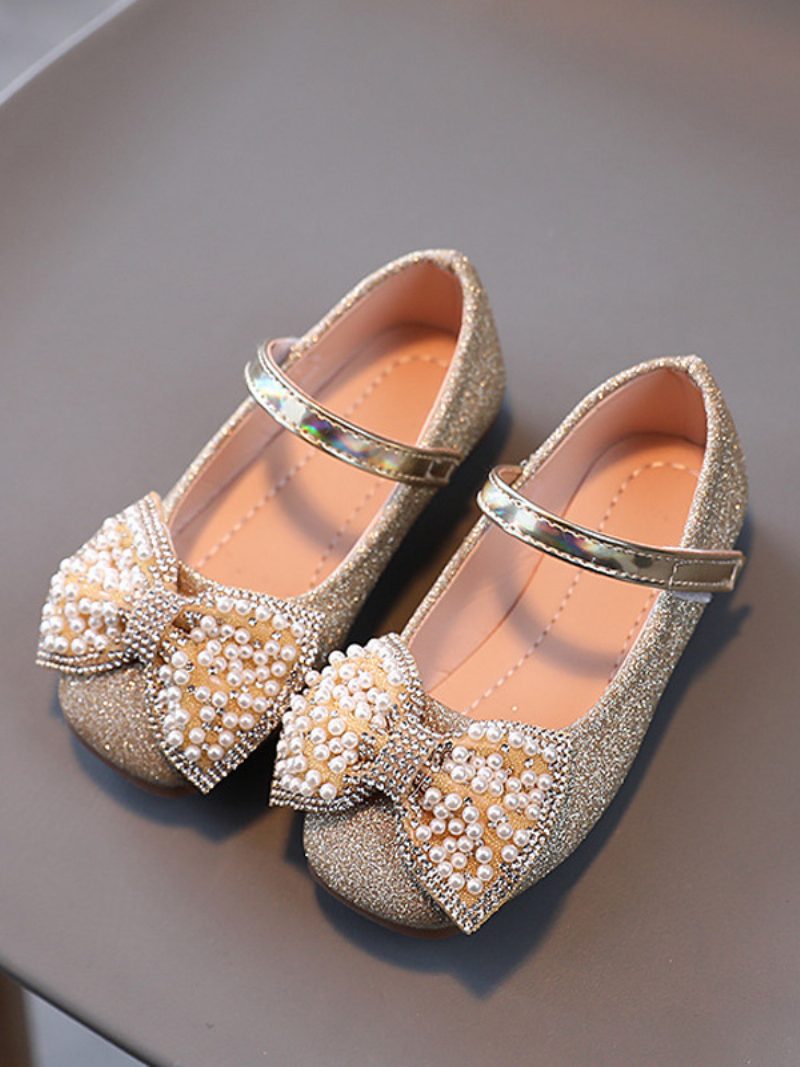 Blumenmädchenschuhe Silber Pailletten Stoffschleifen Partyschuhe Für Kinder - Gold