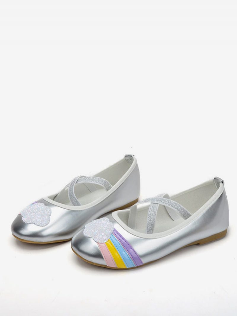 Blumenmädchenschuhe Silber Pu-leder Pailletten Partyschuhe Für Kinder - Silber