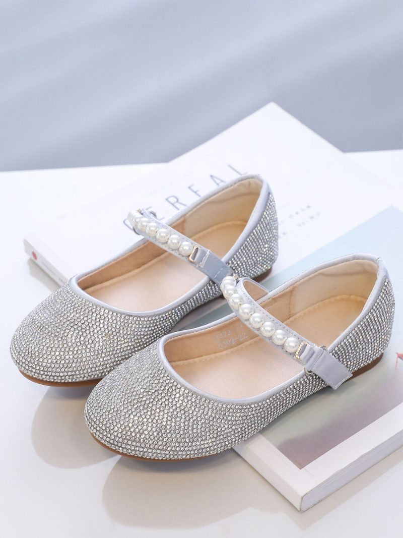 Blumenmädchenschuhe Silber Pu-leder Perlen Partyschuhe Für Kinder - Silber