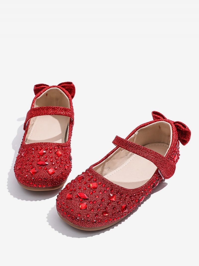 Blumenmädchenschuhe Silberne Polyesterschleifen Partyschuhe Für Kinder - Rot