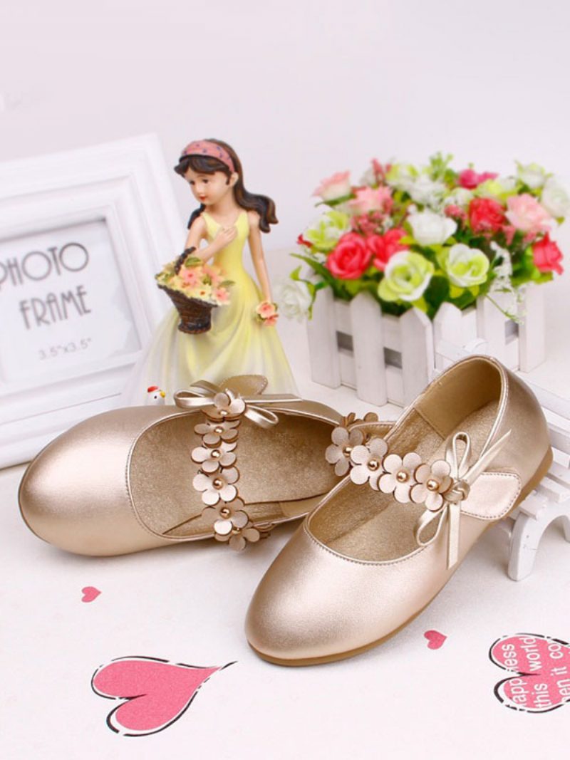 Blumenmädchenschuhe Weiße Partyschuhe Aus Pu-leder Für Kinder - Gold