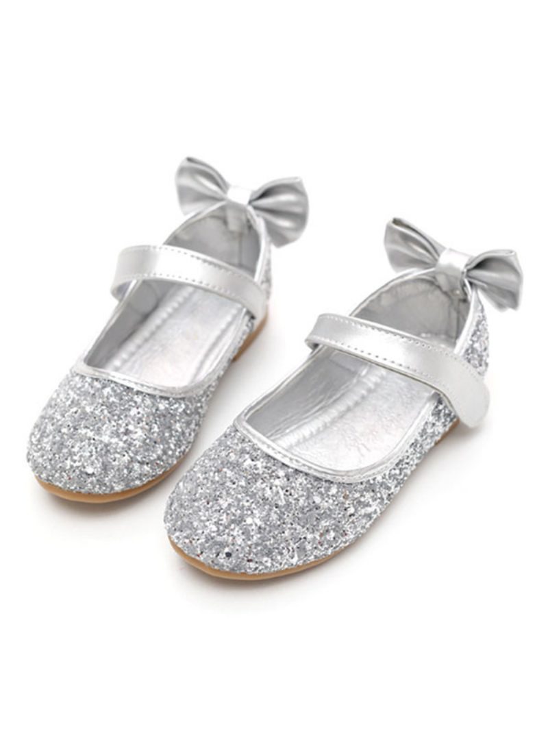 Glitzernde Schleifen-hochzeits-blumenmädchen-schuhe - Silber