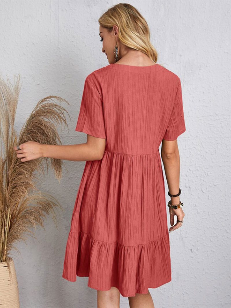 Damen Boho-kleid V-ausschnitt Kurze Ärmel Plissiertes Sommerkleid - Rot