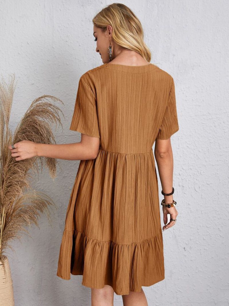 Damen Boho-kleid V-ausschnitt Kurze Ärmel Plissiertes Sommerkleid - Kaffeebraun