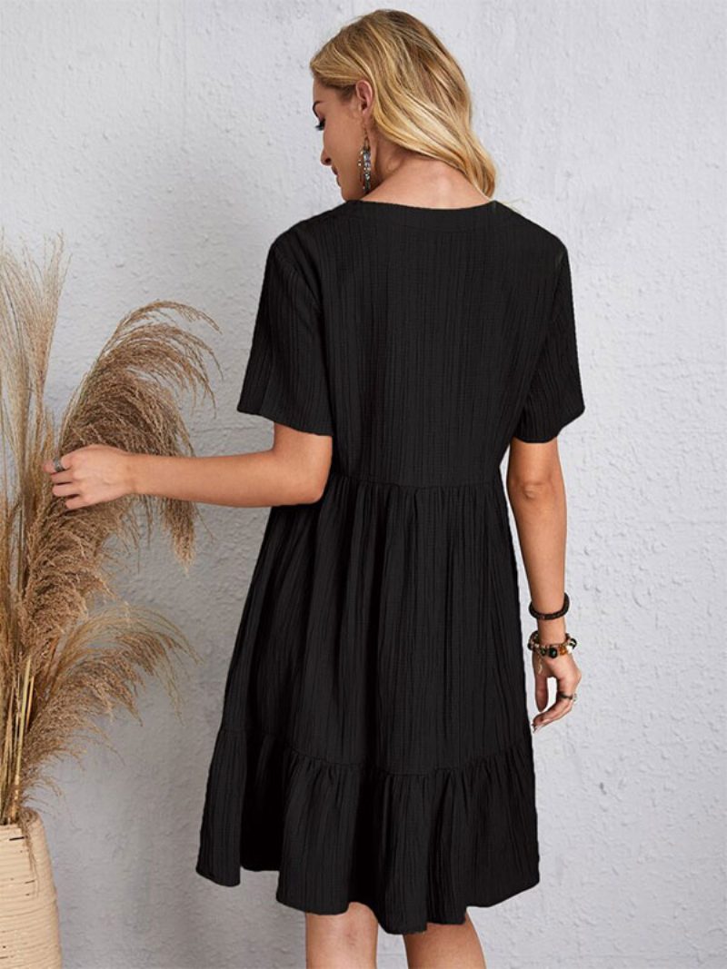 Damen Boho-kleid V-ausschnitt Kurze Ärmel Plissiertes Sommerkleid - Schwarz