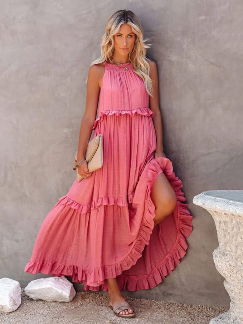 Damen-etuikleider Ärmellos Böhmische Schnürung Rundhalsausschnitt Mehrlagiges Weißes Tunika-kleid - Rosa