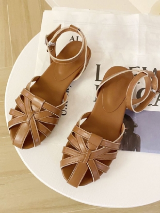 Braune Flache Sandalen Für Damen Runde Zehenpartie Ausschnitt Knöchelriemen Boho-sandalen