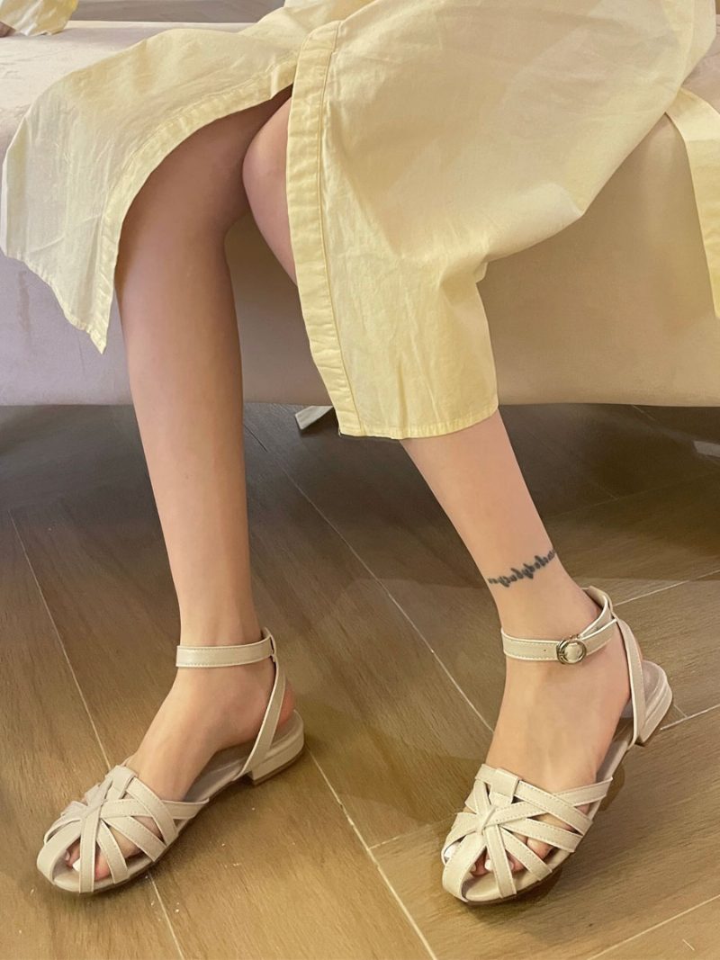 Braune Flache Sandalen Für Damen Runde Zehenpartie Ausschnitt Knöchelriemen Boho-sandalen - Beige