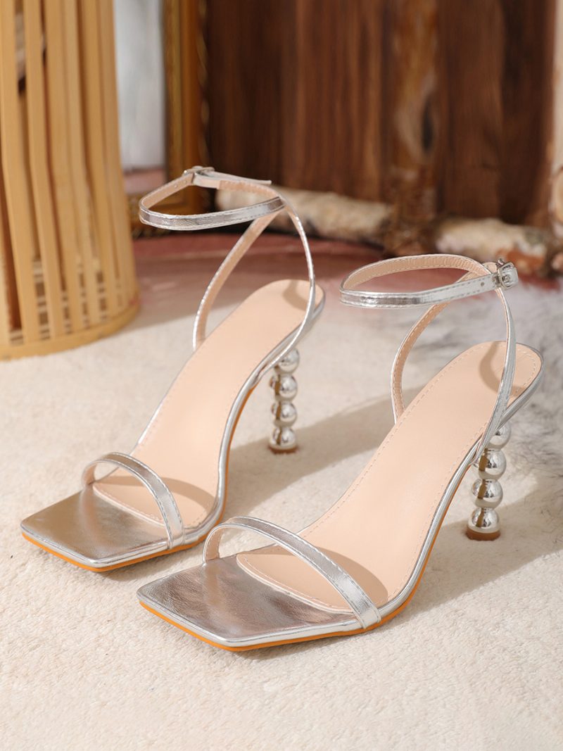 Damen-absatzsandalen Quadratische Zehenpartie Speziell Geformte Absatzsandalen Pu-leder - Silber