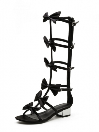 Damen-gladiator-sandalen Schleifen Alltag Lässig Satin Reißverschluss Sandalen Runde Zehen Klobiger Absatz Schwarz